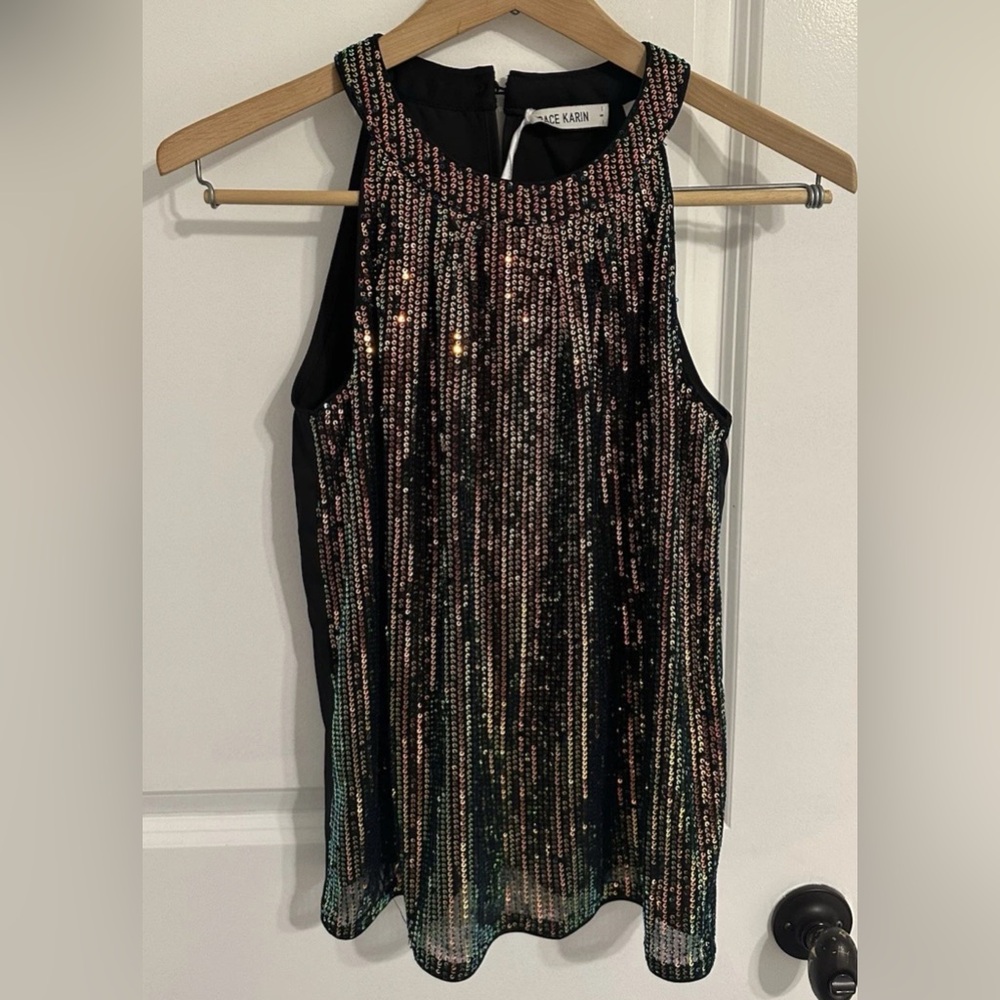 Grace Karin Sequin Sleeveless Women's Small Party Concert Top Shirt Black NWT